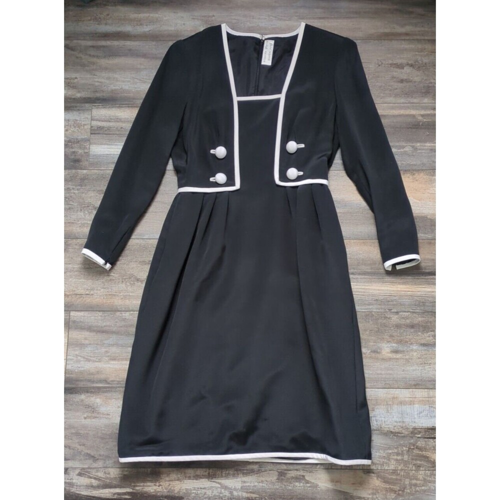 Black Long Sleeve Dress with White Trim and Decorative Buttons